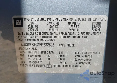 2015 Chevrolet Silverado 1500 1Lt from USA, damaged, VIN 3GCUKREC1FG532803